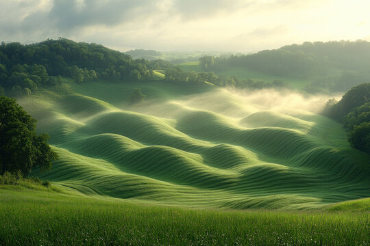 A picturesque landscape with gently undulating hills covered in lush green grass. 