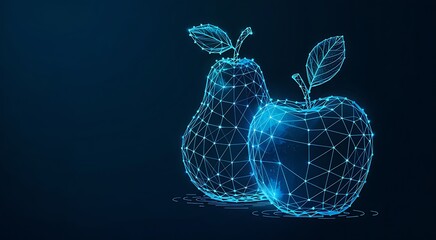 Abstract glowing blue digital wireframe illustration of an apple and a pear against a dark background