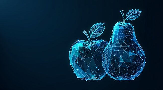 Abstract glowing blue digital wireframe apple and pear with glowing dots on a dark background representing technology and healthy eating
