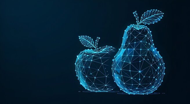 Abstract glowing blue digital wireframe apple and pear with connecting lines and dots on a dark background