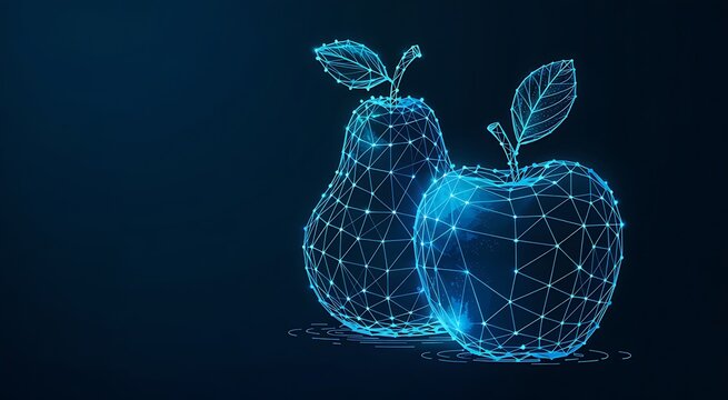 Abstract glowing blue digital wireframe illustration of an apple and a pear against a dark background - Powered by Adobe