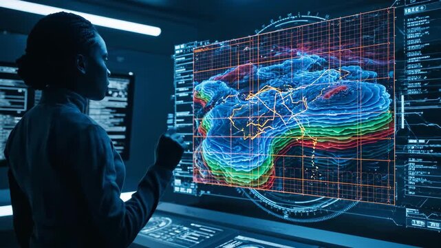 Scientist views holographic data display in dark control room
