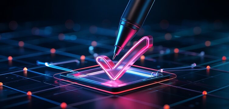 Futuristic neon glowing checkmark symbol appearing on a glowing computer chip in a dark digital circuit board environment