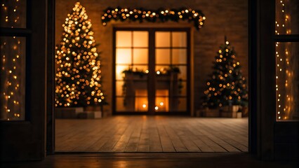 Fototapeta premium Cozy Christmas Living Room With Twinkling Lights and Decorated Trees
