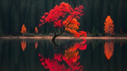 Stunning autumn landscape with vibrant red maple tree reflecting in serene lake, perfect for travel, nature, and seasonal marketing campaigns