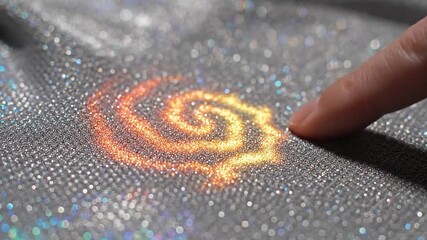 Human finger tracing bright colorful spiral on sparkling glitter surface