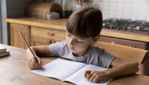Young Girl Doing Homework at Wooden Kitchen Table in Bright Modern Kitchen