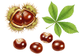 Open spiky bur, dark brown chestnuts, and green leaves, arranged on a transparent background with copy space, concept of autumn botanical study