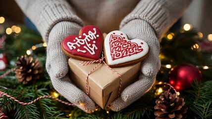 Warm hands in knitted mittens holding a festive christmas gift box topped with heart shaped gingerbread cookies and surrounded by holiday lights and pine cones
