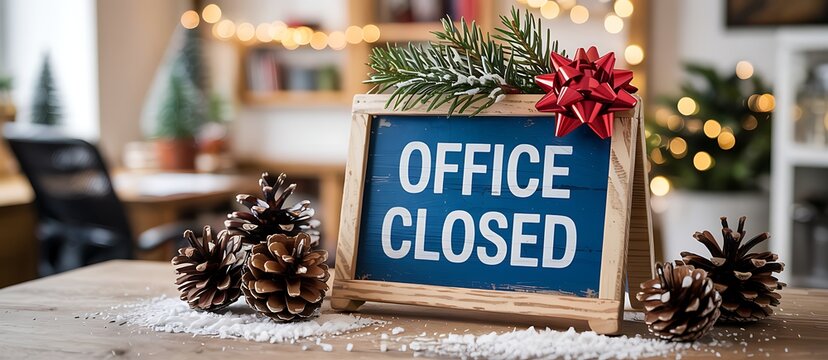Festive office closed sign with pinecones and christmas lights for holiday season closure and seasonal break