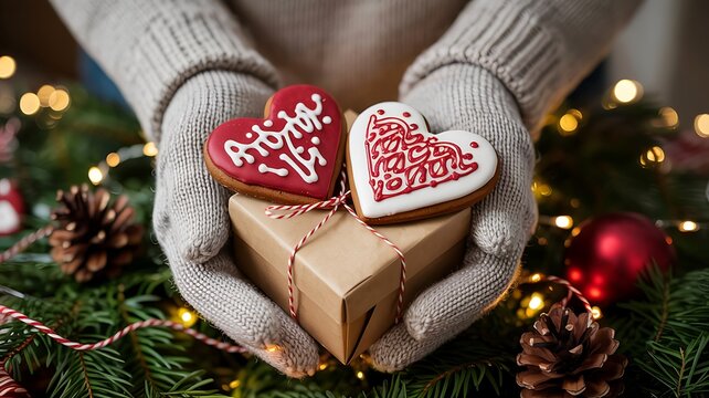 Warm hands in knitted mittens holding a festive christmas gift box topped with heart shaped gingerbread cookies and surrounded by holiday lights and pine cones