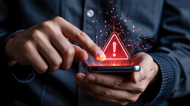Person holding a smartphone displaying a glowing red warning triangle with sparks indicating a digital security alert or notification