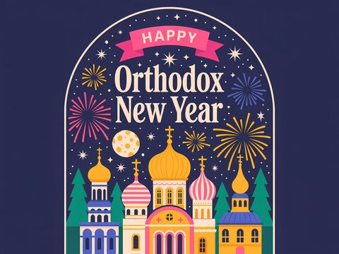 Vibrant orthodox new year celebration with fireworks and festive architecture