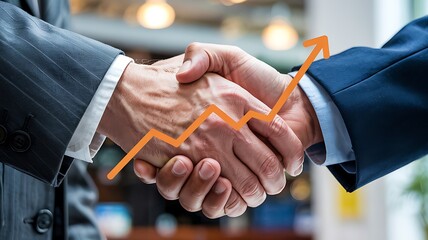 Two businessmen shaking hands with an orange graph overlay symbolizing financial growth and successful business partnership