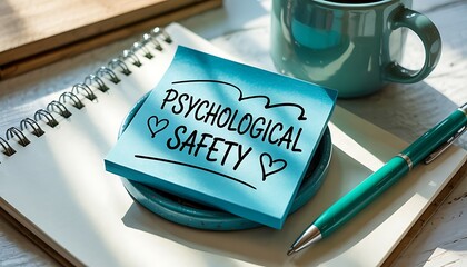 Psychological safety concept written on a blue sticky note with hearts on a notebook and pen