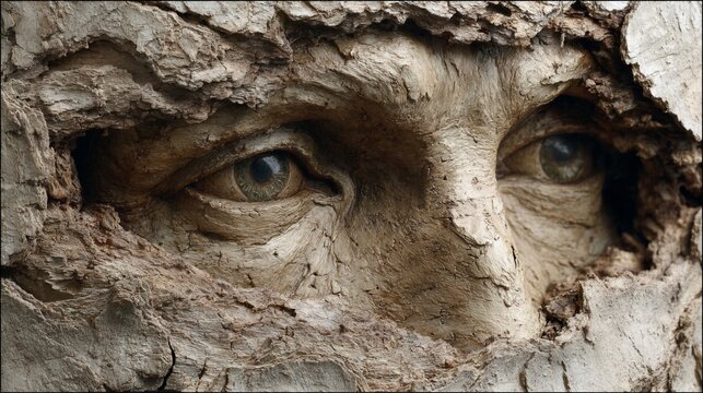 Eyes carved into tree bark peer out, textural and slightly eerie