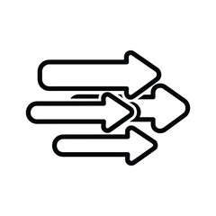 Three black outline arrows pointing right, illustrating flow, merge, or data transfer, isolated on