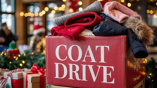 Warm winter clothing piled high in a red donation box labeled coat drive with festive holiday decorations in the background
