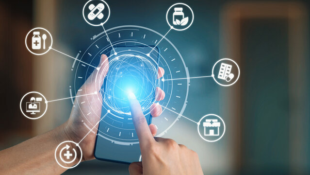 Online pharmacy icons showing medicine, healthcare, prescription and medical services with digital pharmacy, online drugstore, telemedicine and modern pharmaceutical solutions. Gist