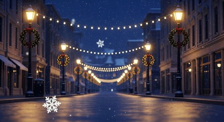 Obraz premium Winter Wonderland Cityscape: Decorated Street Lamps and String Lights in Falling Snow