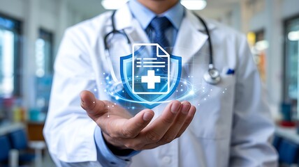 Doctor holding a glowing digital shield with medical document and cross symbol representing healthcare data protection and security