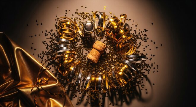 Party Elements: Overhead View of Cork, Gold Glitter, and Metallic Star Confetti