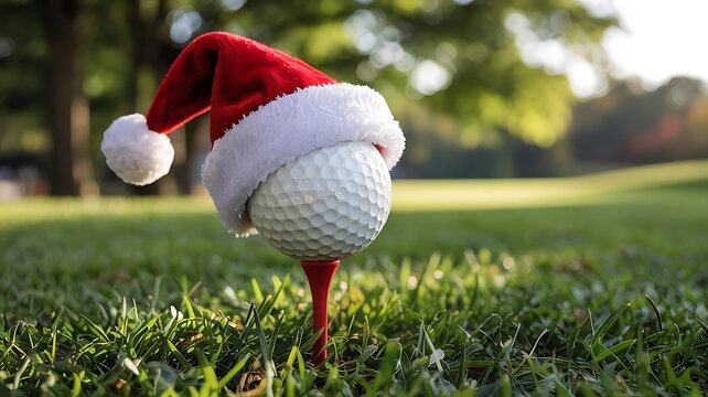 Festive golf ball wearing a santa hat on a tee in green grass with soft sunlight