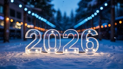 Glowing illuminated numbers 2026 in a snowy winter landscape with festive christmas lights creating a magical new year s eve atmosphere