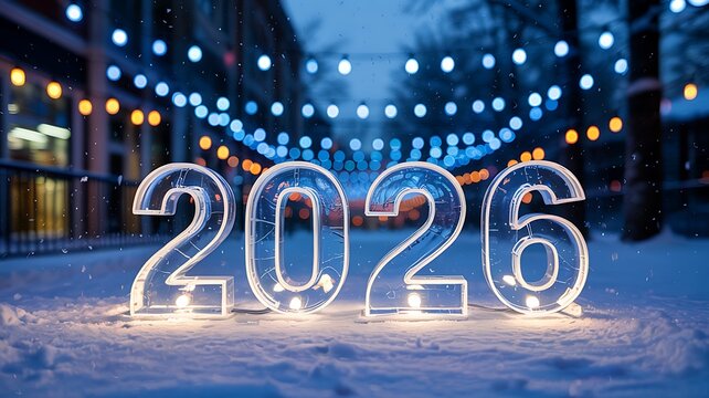 Glowing illuminated numbers 2026 in a snowy street at dusk with festive string lights overhead