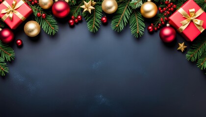 Festive christmas decoration home setting holiday themed content cozy atmosphere overhead view celebration concept with ornaments and gifts