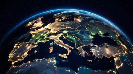 Illuminated europe at night from space showing city lights and continents against dark starry sky