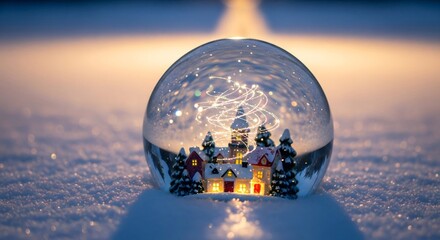Traditional Christmas Decoration: Snow Globe on Snow with Warm Light and Miniature Town