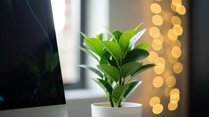Indoor plant on a modern desk next to a computer monitor with bokeh lights in the background