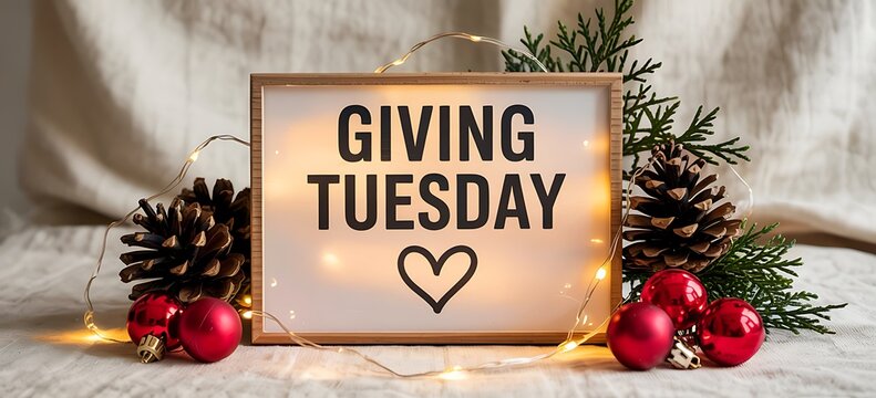 Giving tuesday illuminated sign with festive christmas decorations and warm fairy lights creating a holiday spirit of generosity