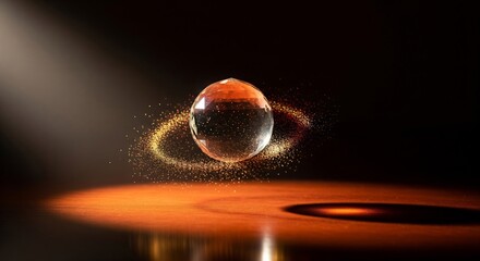 Abstract Luxury: Floating Crystal Sphere with Swirling Golden Glitter Particles on Dark Wood