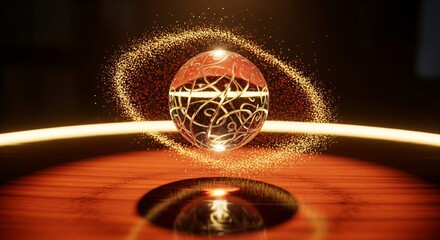 Elegant Christmas Concept: Abstract Golden Particle Sphere on Reflective Dark Background