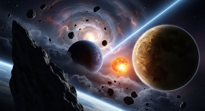 Epic space vista with planets, asteroids, and nebula - Powered by Adobe