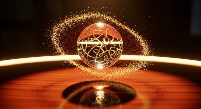 Elegant Christmas Concept: Abstract Golden Particle Sphere on Reflective Dark Background