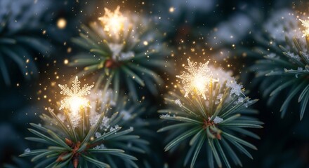 Macro Close-up of Frosted Fir Branches with Glowing Gold Snowflakes and Magical Lights