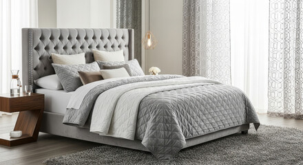 Obraz premium Luxurious gray tufted bed with quilted bedding