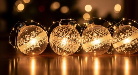 Row of Sparkling Christmas Ornaments with Warm Golden Lights and Bokeh Background
