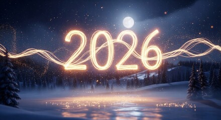 Upcoming Year 2026 Background: Dynamic Light Painting of Numbers in a Cold Outdoor Scene