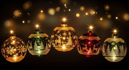 Festive Holiday Decoration: Close-up of Red, Green, and Gold Baubles with Glitter Effect