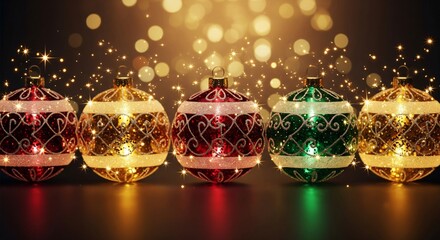 Traditional Christmas Arrangement: Illuminated Ornaments Reflecting on Dark Surface