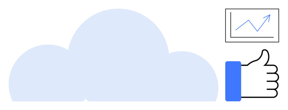Cloud technology. Cloud computing promotes business growth by a rising graph and a thumbs-up. Cloud technology advancing digital solutions. For marketing, analytics, business tools, fintech, digital