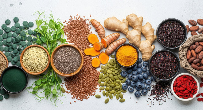 Superfoods assortment for healthy diet on white background - Powered by Adobe