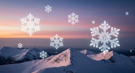Serene Nature Background: Snowcapped Peaks, Twilight Sky, and Stylized Snowflake Pattern
