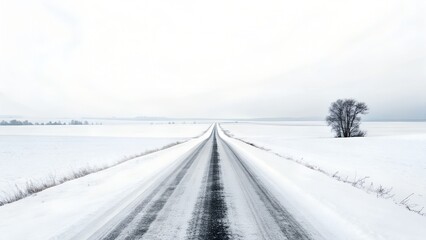 Fototapeta premium Long Winding Snowy Road Through a Vast White Field With a Lone Tree Under an Overcast Sky