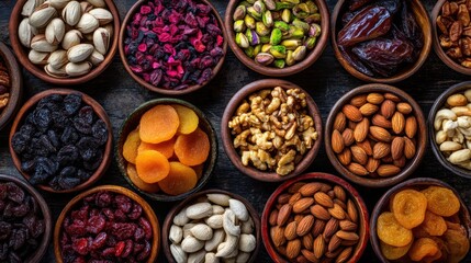 Obraz premium Various bowls filled with colorful dried fruits and nuts are artfully arranged on a dark wooden surface. The vibrant colors attract attention and create a visual feast.