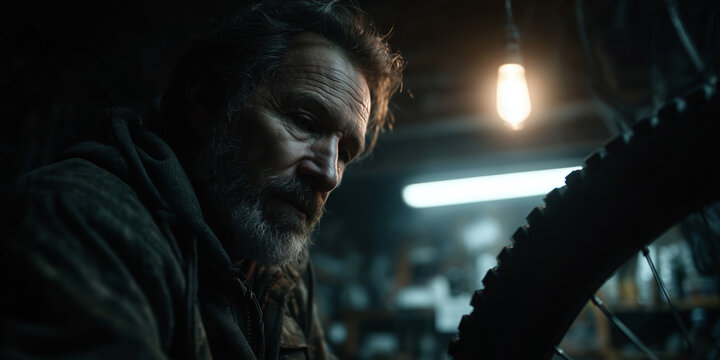 Middle-aged man diligently fixing a bicycle in a dimly lit workshop
